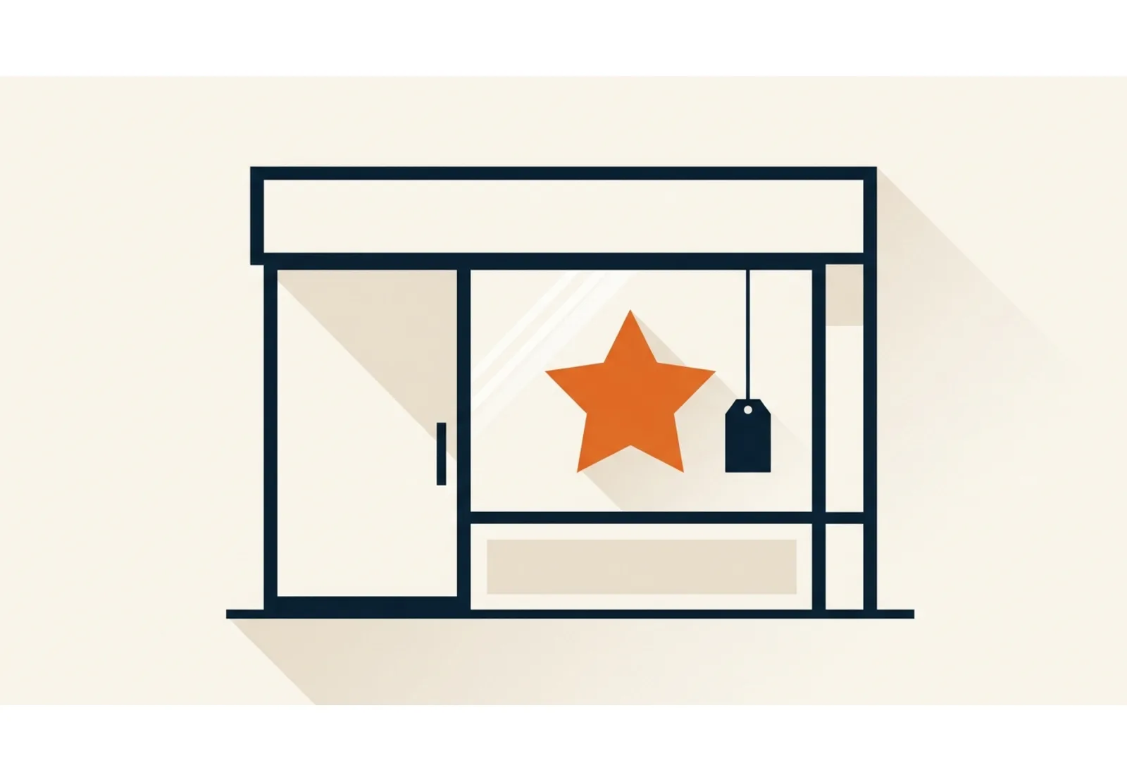 Illustration of a storefront with a large five point review star above the door and a small price tag beside it