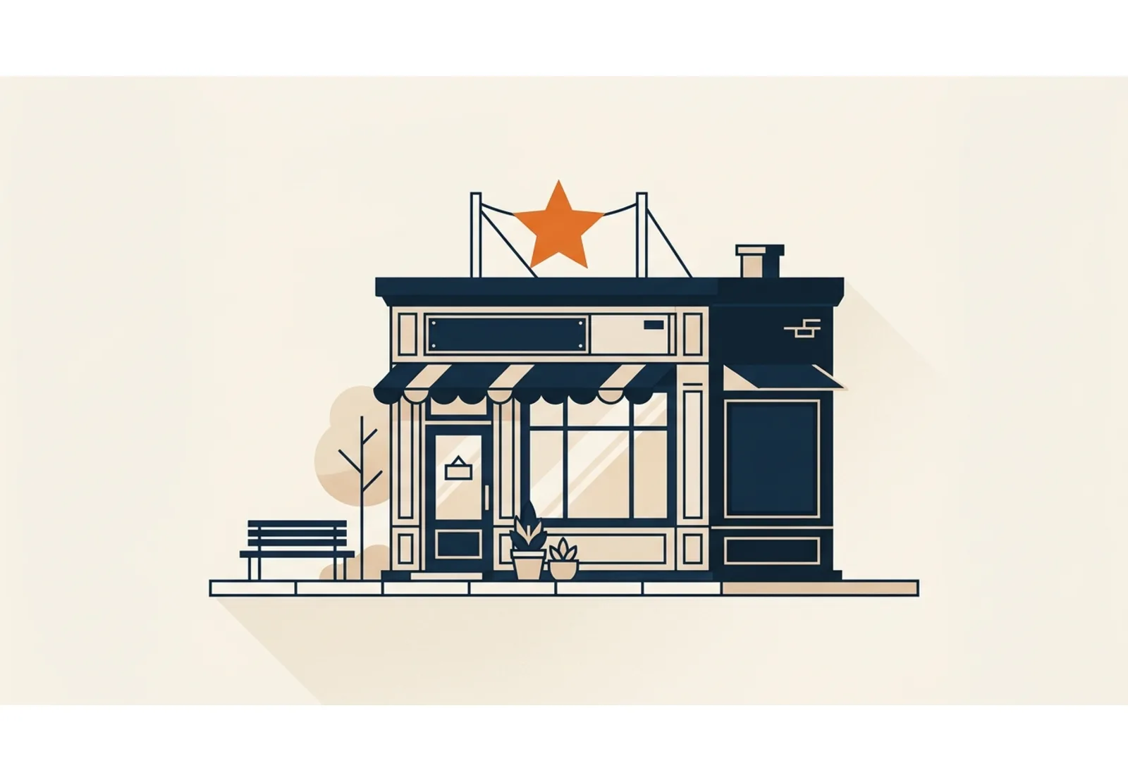 Illustration of a small storefront with a single large orange review star hanging above the door