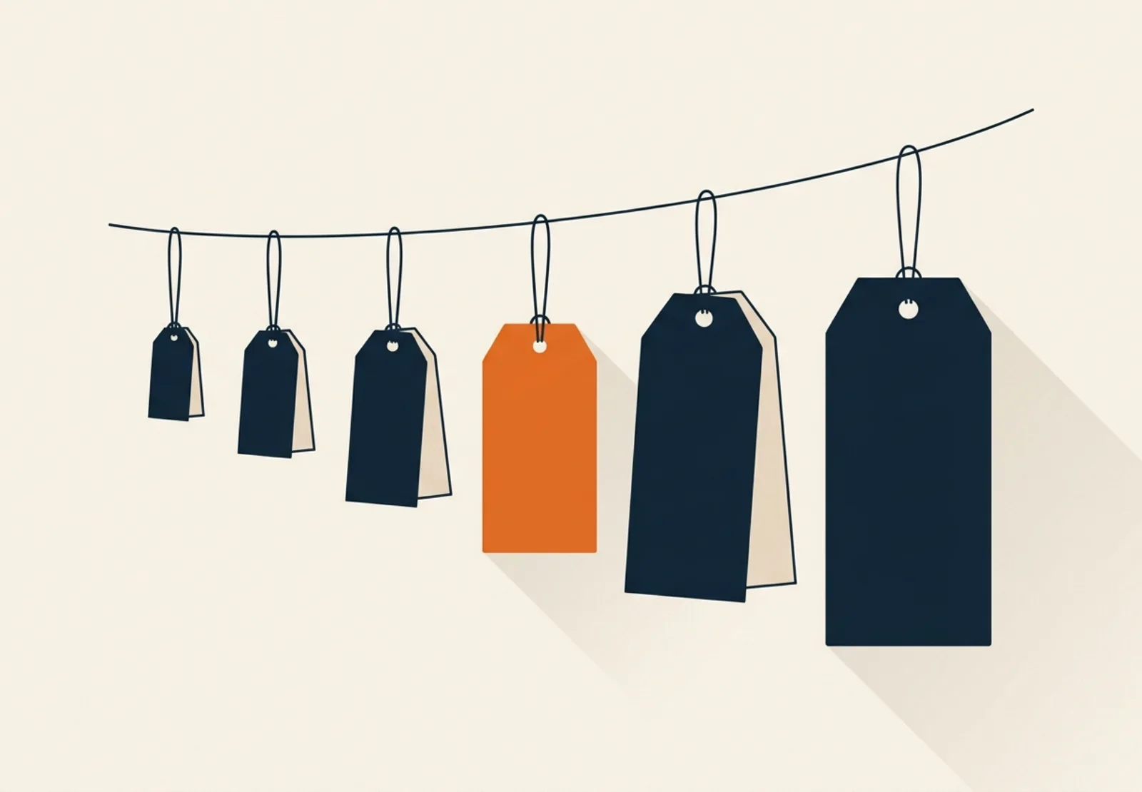 Illustration of six paper price tags of different sizes hanging on a string, one tag in orange
