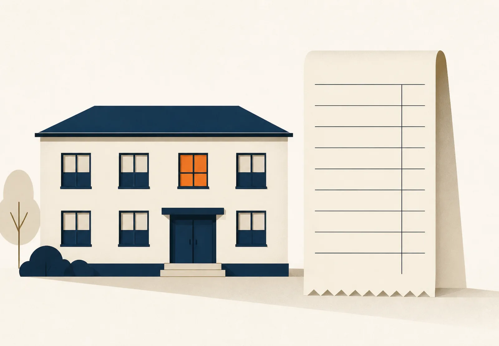 Illustration of a two-story residential building with rows of windows, one lit in orange, beside a blank itemized receipt