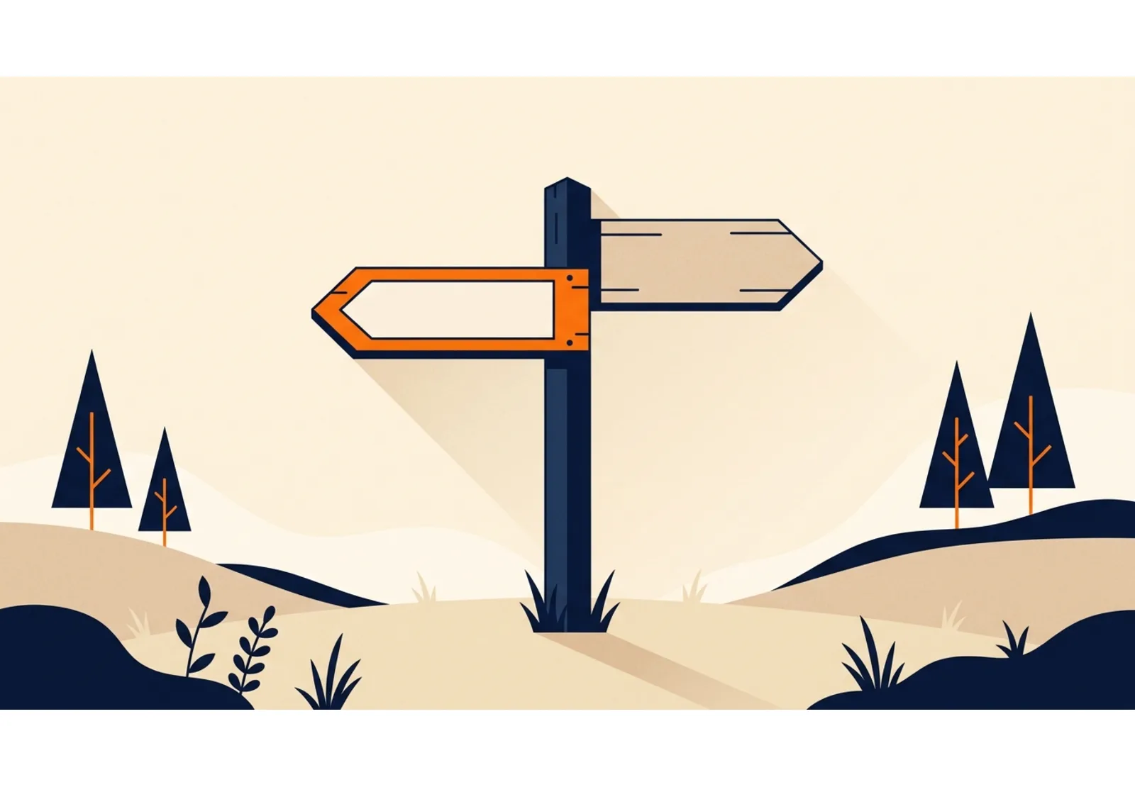 Illustration of a signpost with two arrows pointing in opposite directions, one of them orange