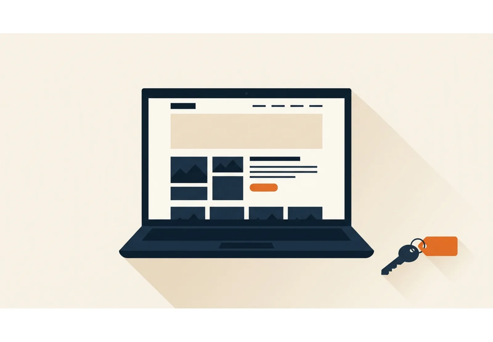 Illustration of a laptop showing a clean website page layout with a set of keys resting beside it