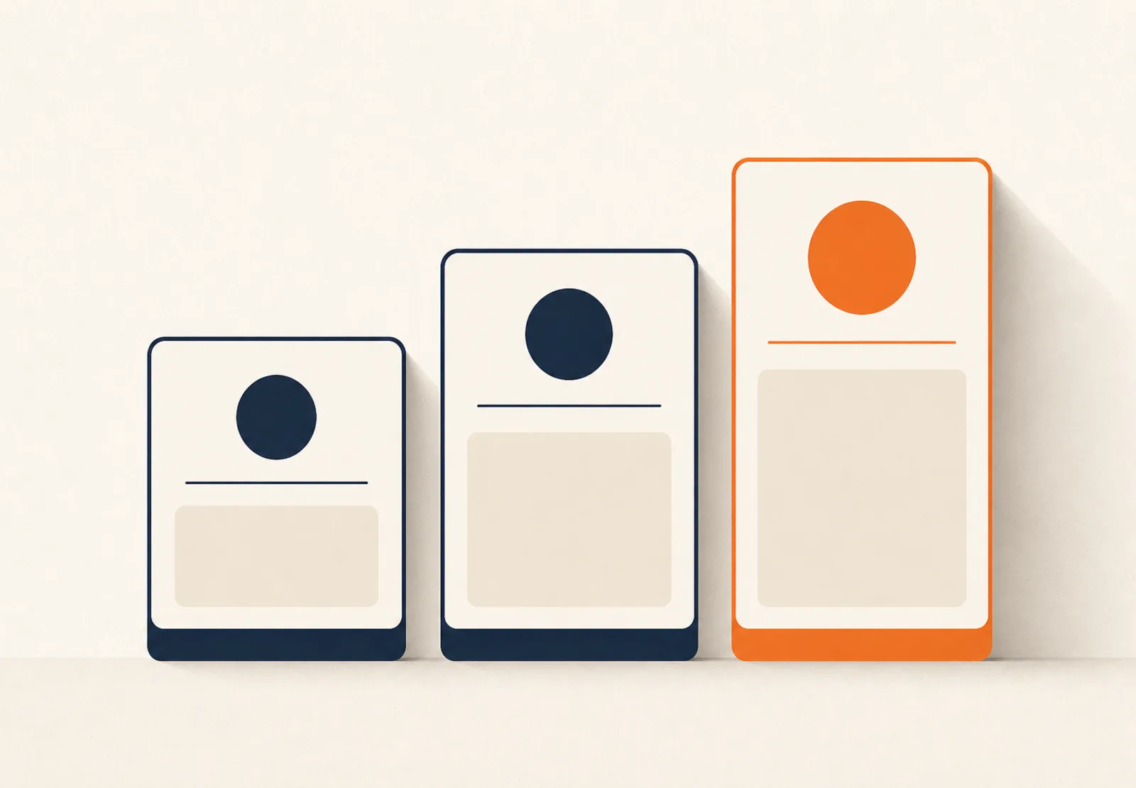 Illustration of three plan cards rising in steps with the tallest card in orange