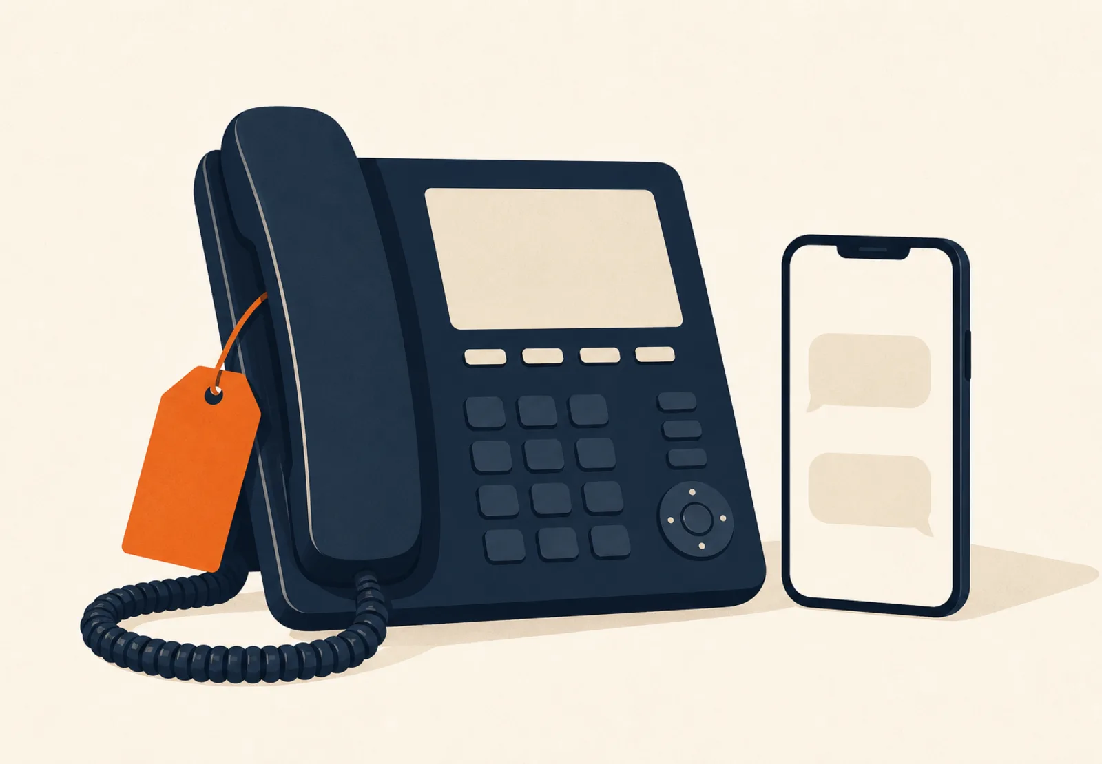 Illustration of a navy desk phone with an orange price tag on its handset, next to a smartphone showing two blank chat bubbles
