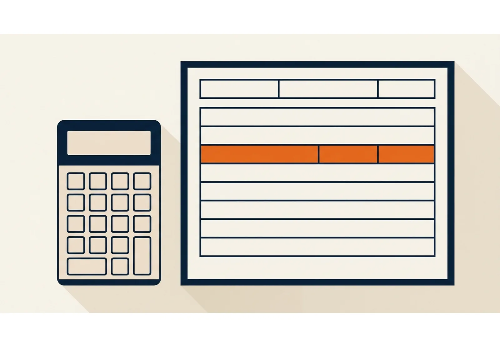 Illustration of a printed price sheet with one row highlighted in orange next to a calculator