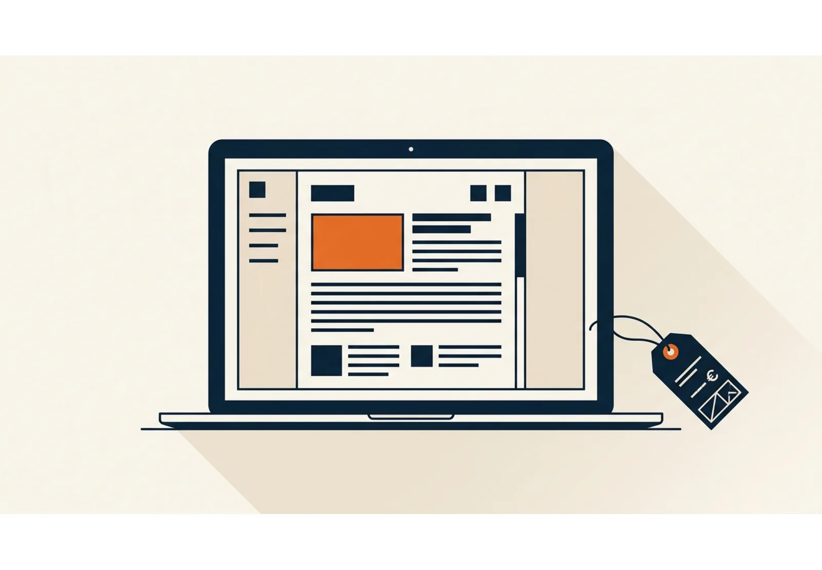 Illustration of a laptop displaying a simple page layout beside a small price tag