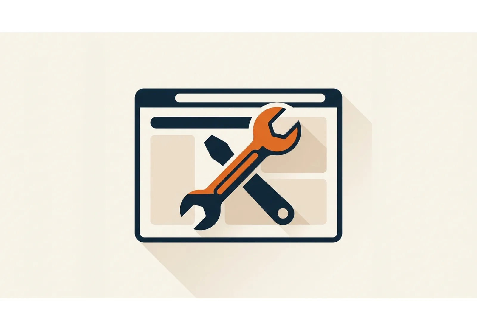 Illustration of a wrench crossed in front of a browser window shape