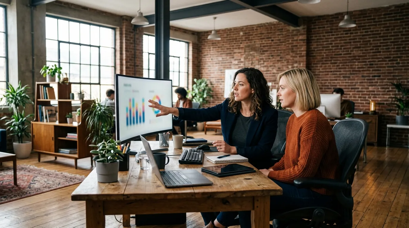 Two Ziwi marketers reviewing a client's campaign numbers on screen