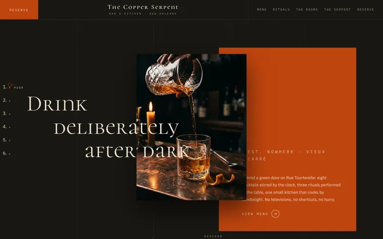 The Copper Serpent, a bar and kitchen website built by Ziwi