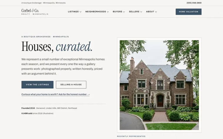 Corbel Realty, a real estate website from the Ziwi design library