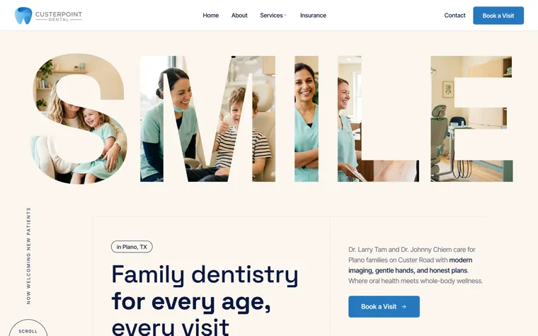 Custerpoint Dental, a family and cosmetic dentistry, plano website built by Ziwi