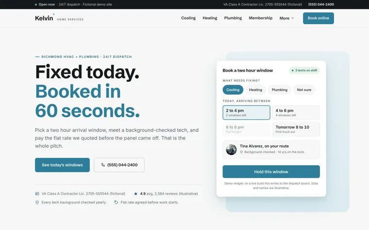 Kelvin Home Services, a hvac and plumbing website built by Ziwi