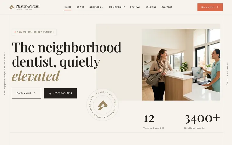 Plaster and Pearl Dental, a dental website from the Ziwi design library