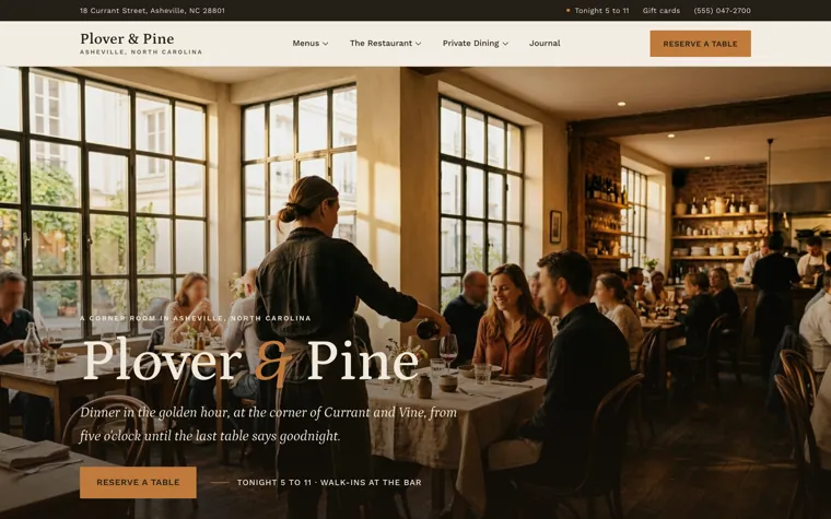Plover and Pine, a restaurant website built by Ziwi