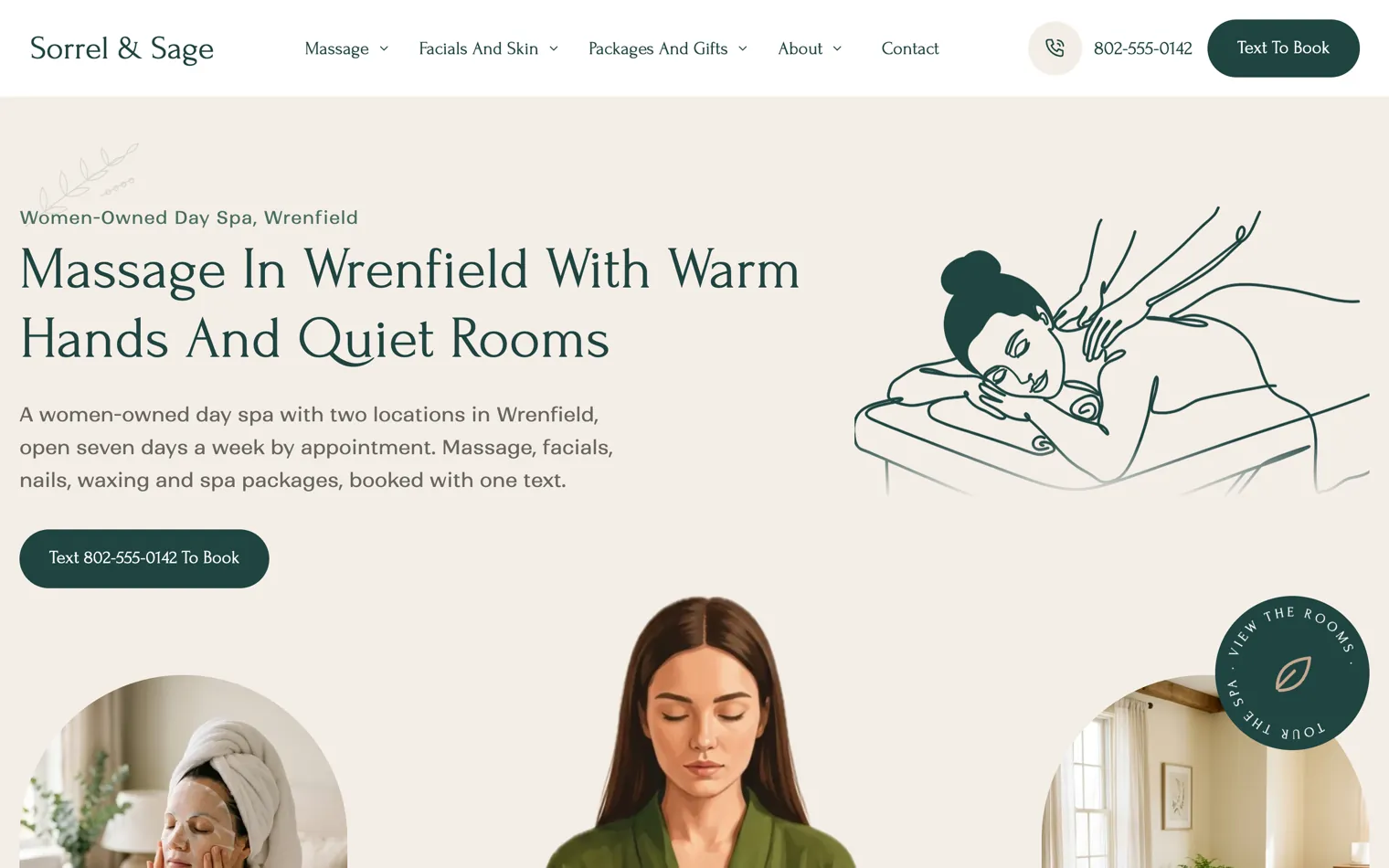 Sorrel and Sage Day Spa, a two-location day spa, wrenfield website built by Ziwi
