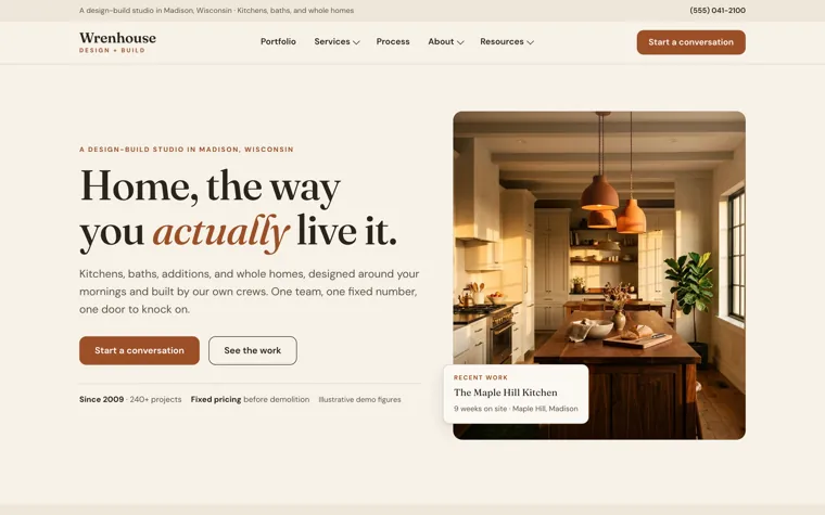 Wrenhouse Design-Build, a design-build studio website built by Ziwi