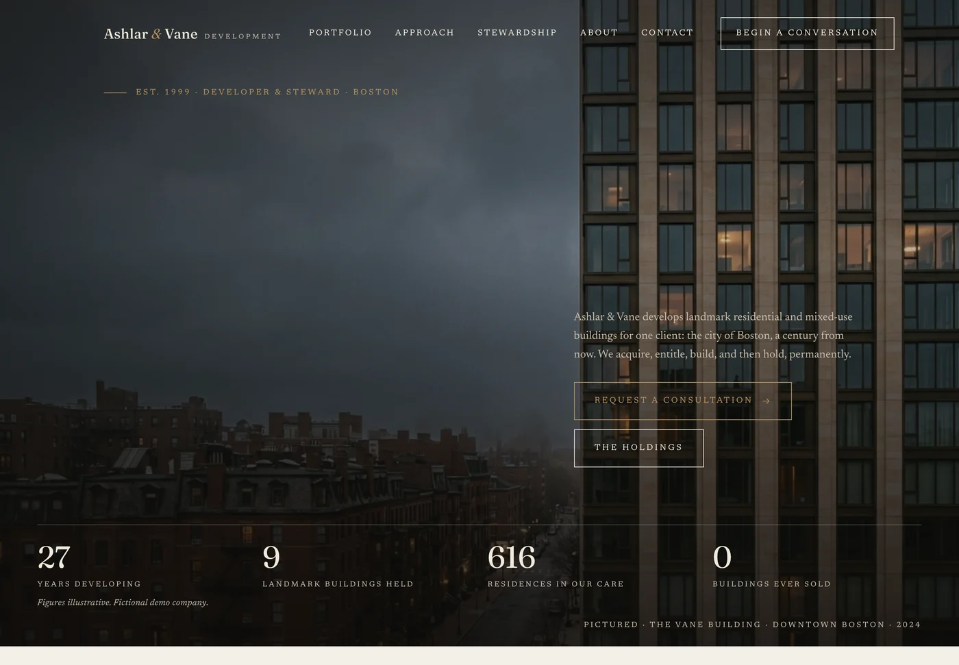 Ashlar and Vane, a property developer website from the Ziwi design library