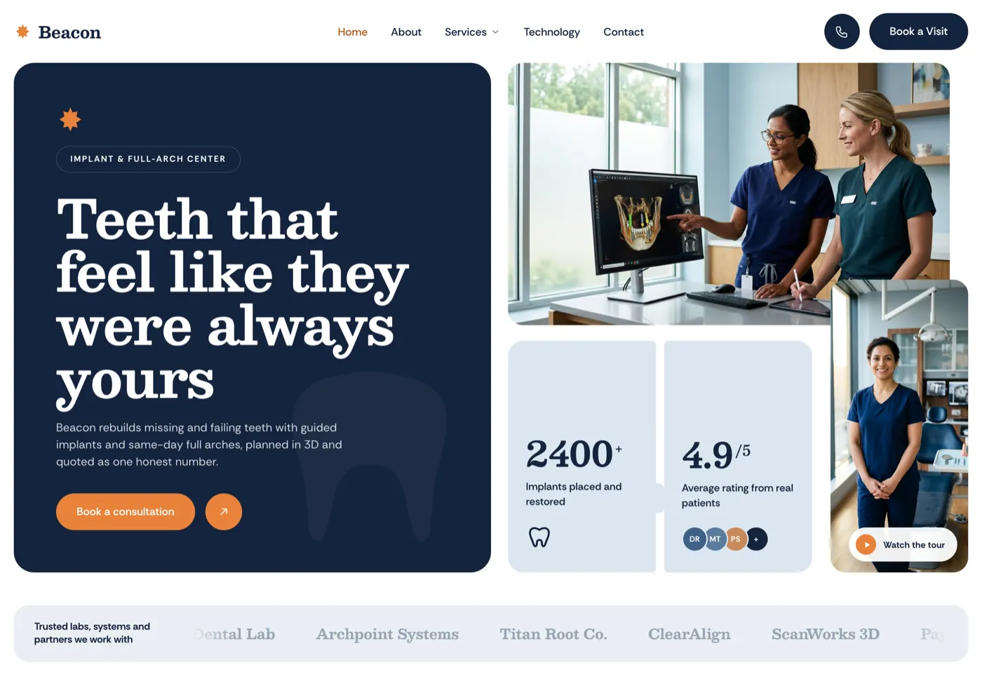 Beacon Implant and Dental, a dental website from the Ziwi design library