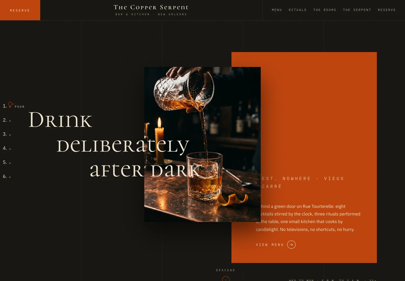 The Copper Serpent, a cocktail bar and kitchen website from the Ziwi design library
