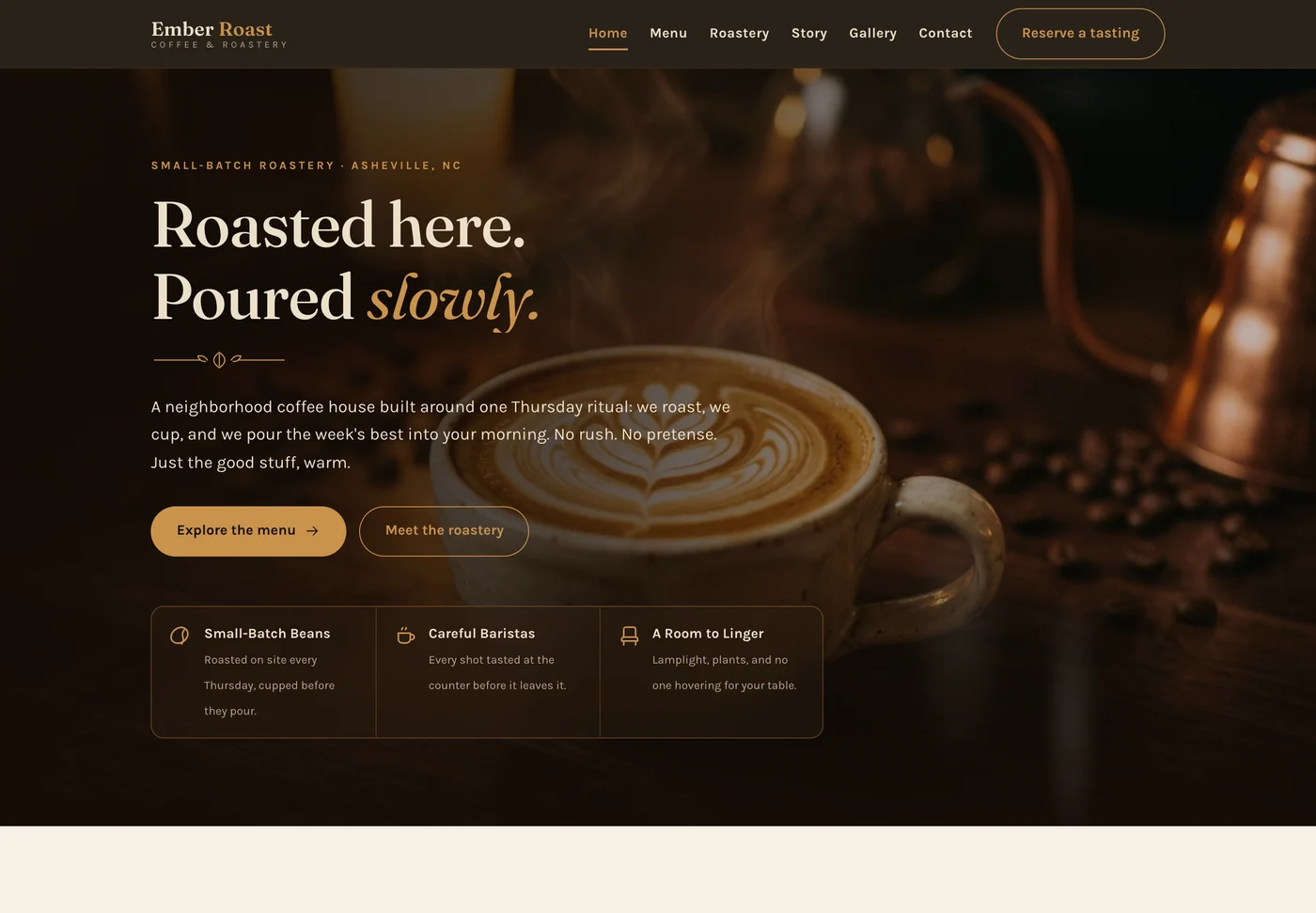 Ember Roast Coffee, a cafe website from the Ziwi design library