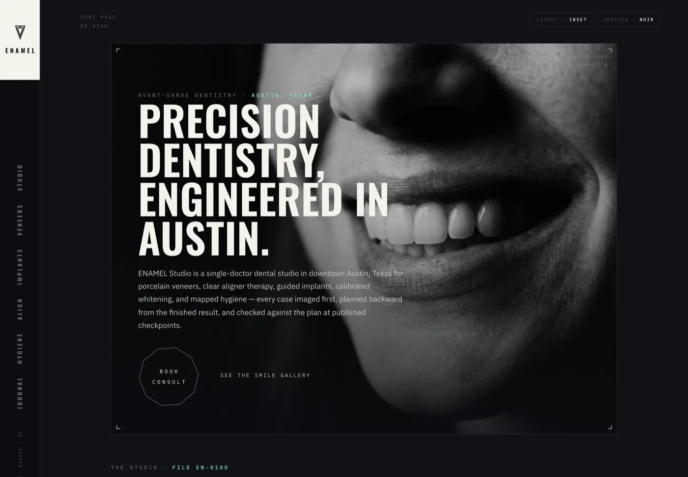 Enamel Studio, a dental website from the Ziwi design library