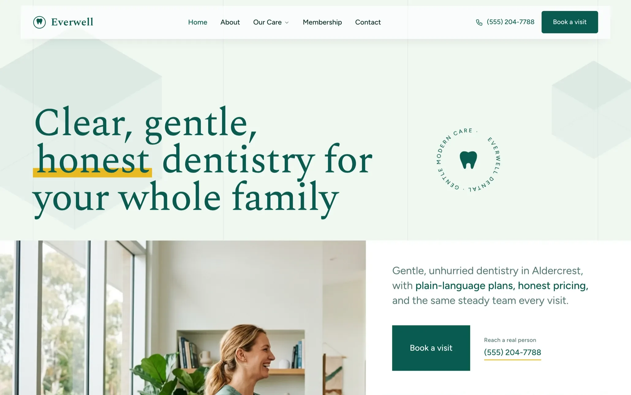 Everwell Dental, a dental website from the Ziwi design library