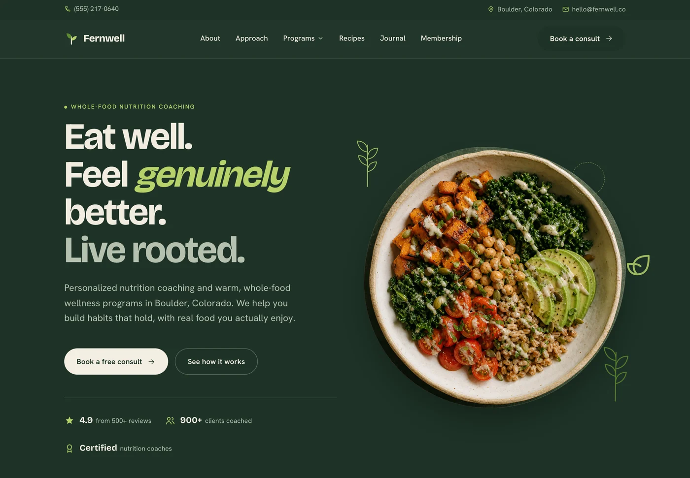 Fernwell, a nutrition and wellness studio website from the Ziwi design library