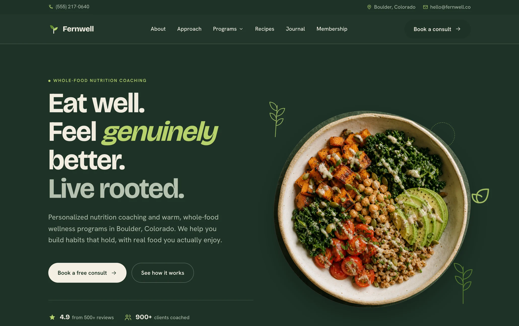 Fernwell, a wellness studio website from the Ziwi design library