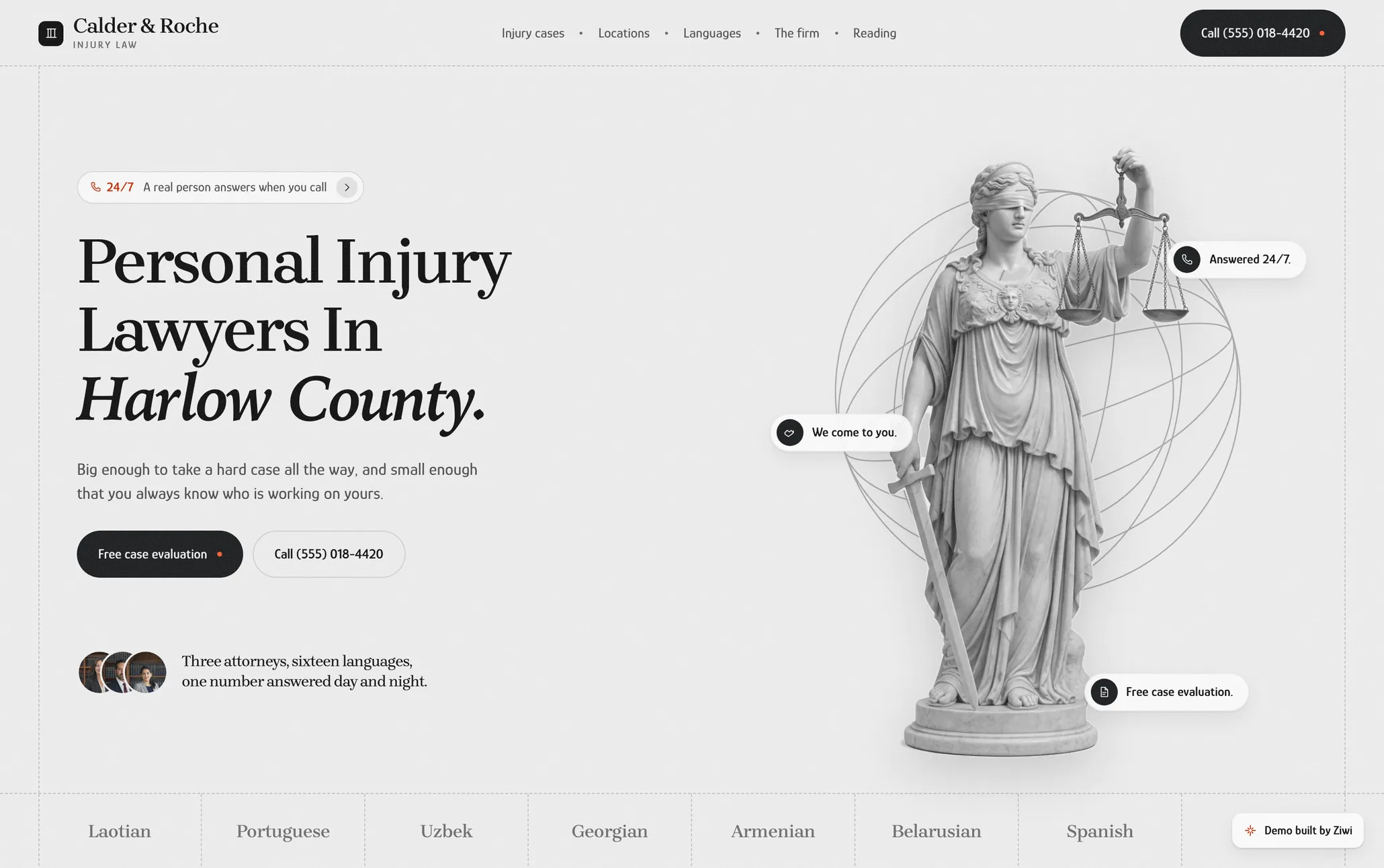 Calder and Roche Injury Law, a law firm website from the Ziwi design library