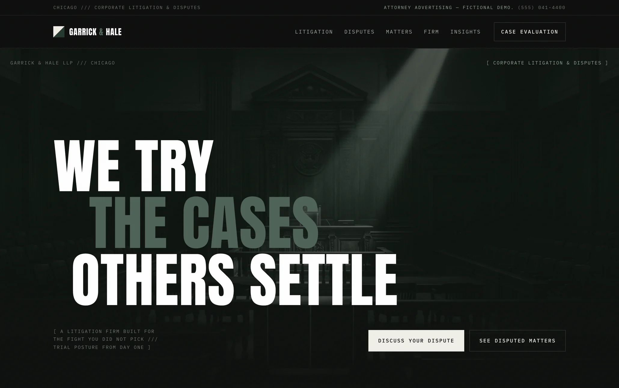 Garrick Hale Law, a corporate litigation firm website from the Ziwi design library