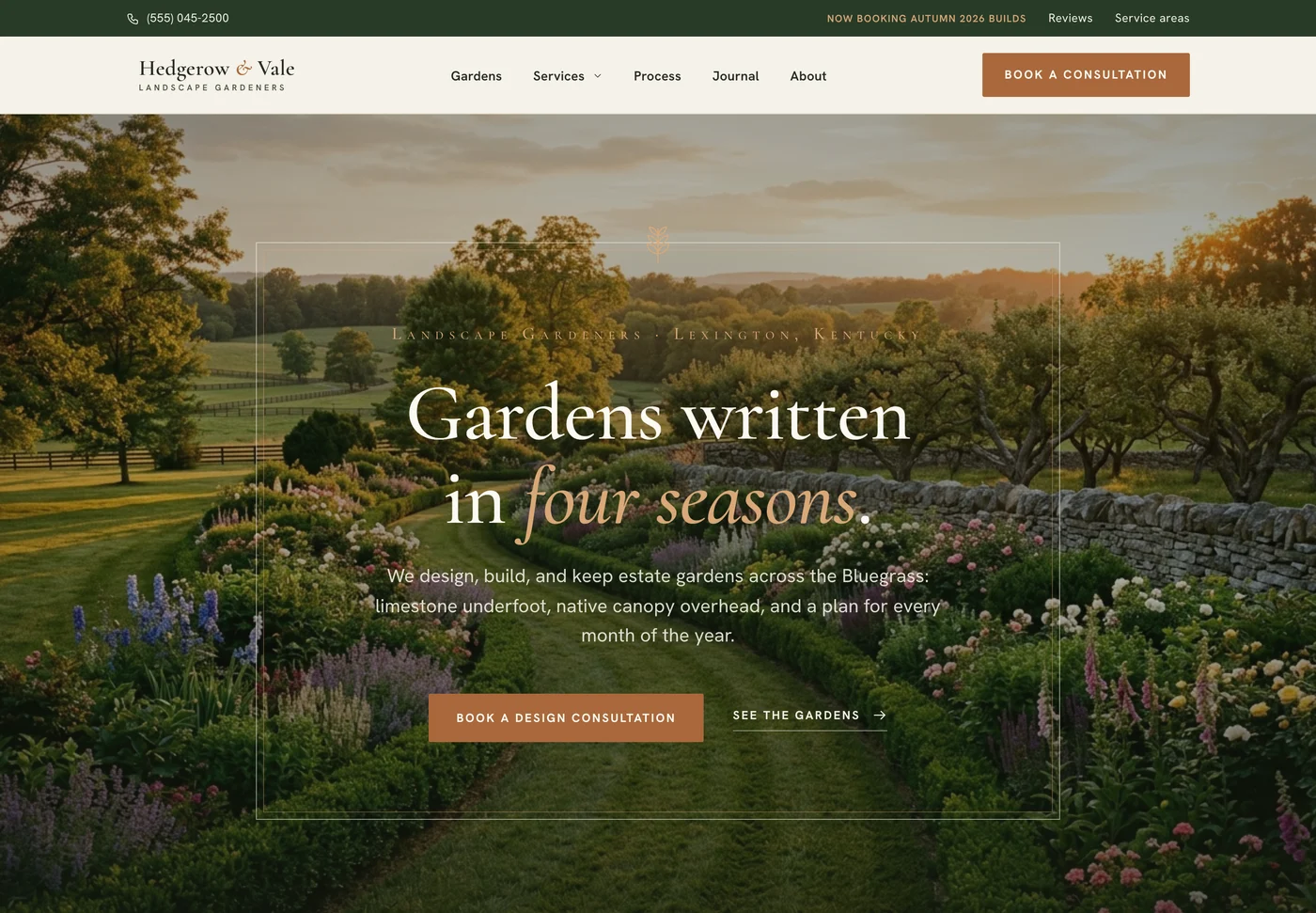 Hedgerow Vale, a landscape design-build website from the Ziwi design library