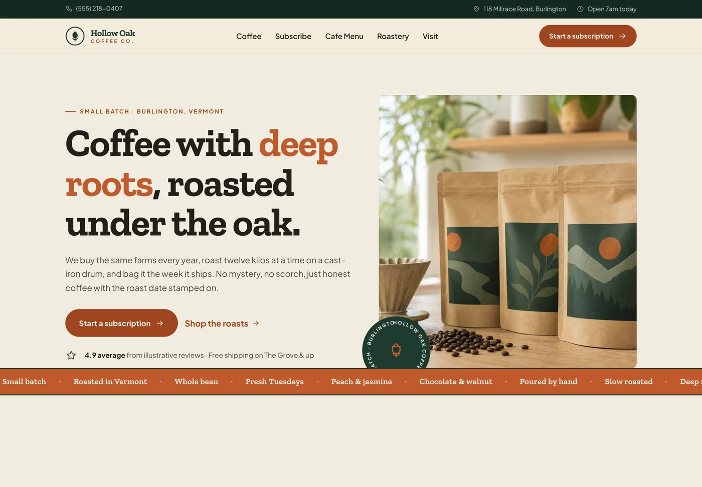Hollow Oak Coffee, a roastery and cafe website from the Ziwi design library