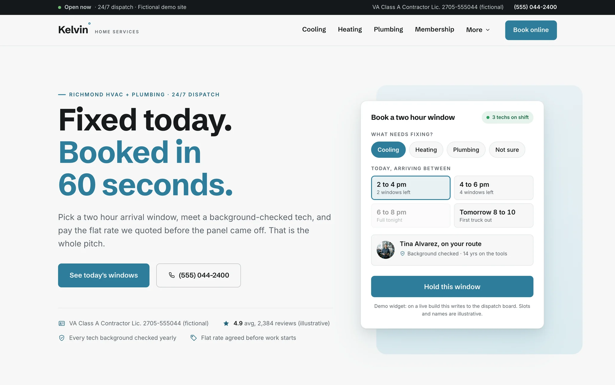 Kelvin Home Services, an HVAC and plumbing website from the Ziwi design library