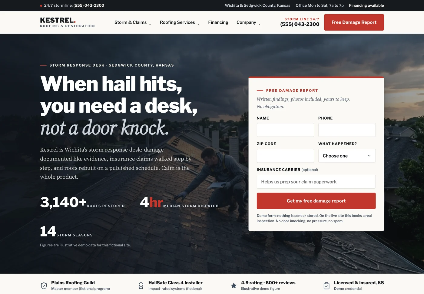 Kestrel Roofing, a roofing website from the Ziwi design library