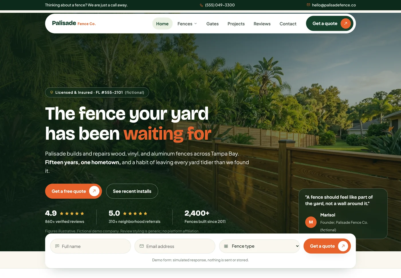 Palisade Fence Co., a fence contractor website from the Ziwi design library