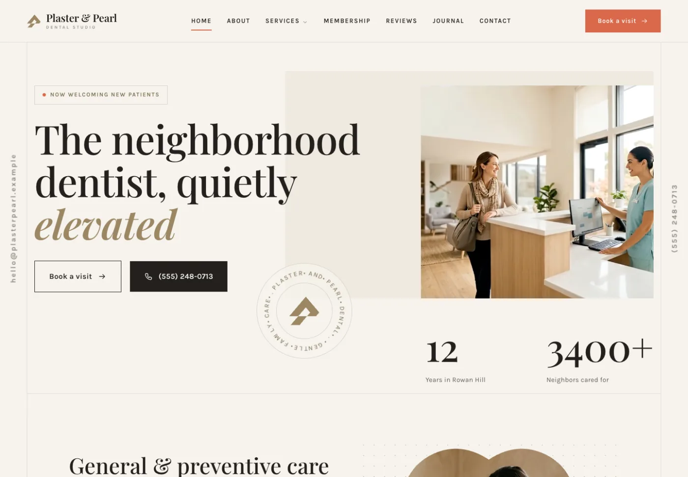 Plaster and Pearl Dental, a dental website from the Ziwi design library