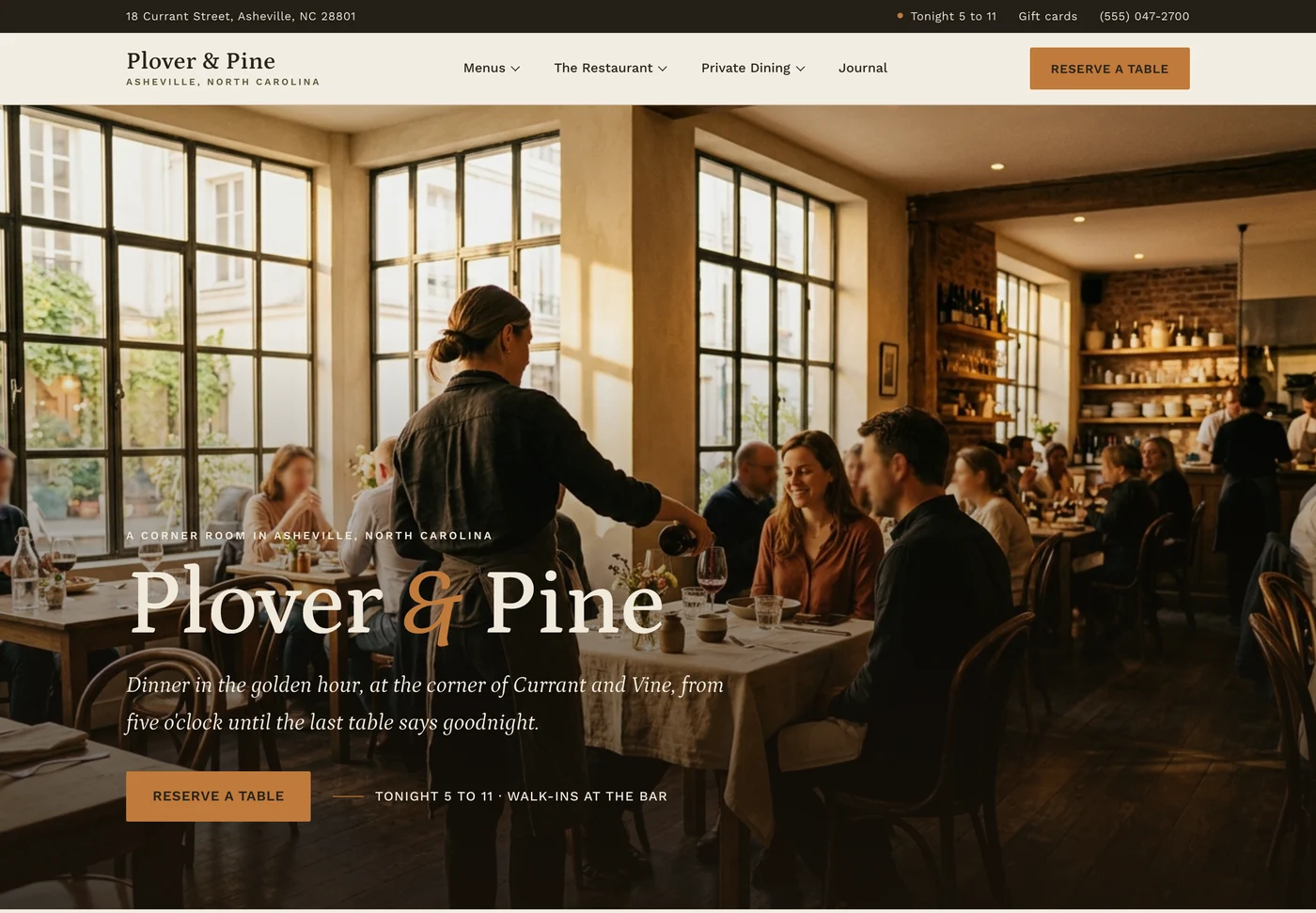 Plover and Pine, a restaurant website from the Ziwi design library