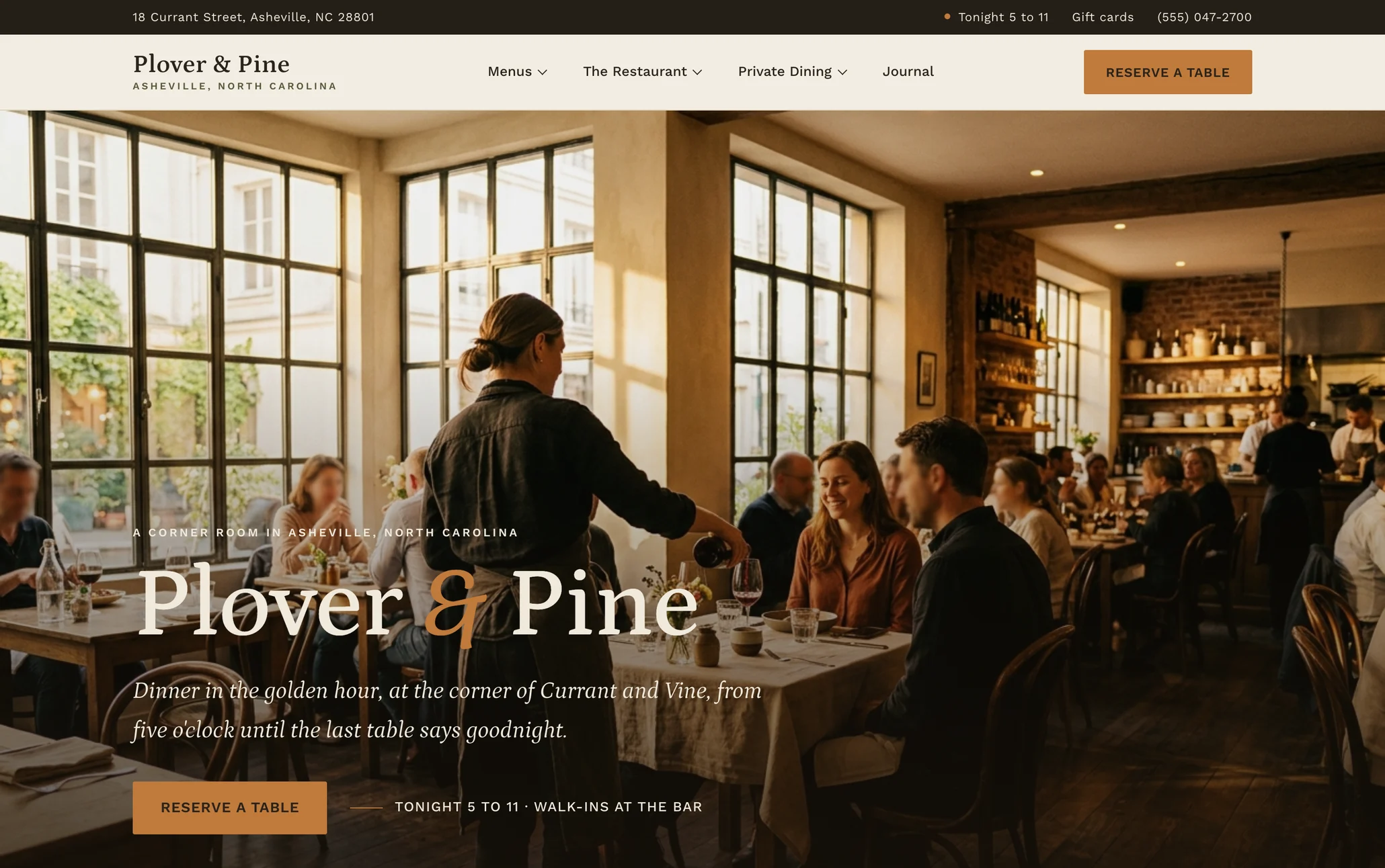 Plover and Pine, a restaurant website from the Ziwi design library
