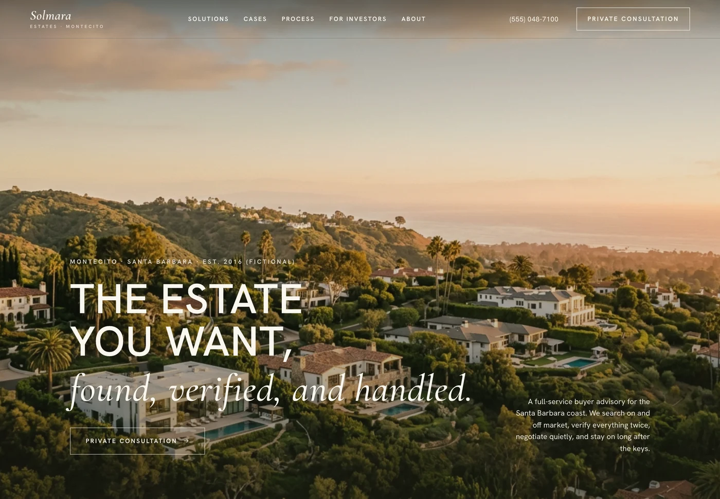 Solmara Estates, a luxury buyer advisory website from the Ziwi design library