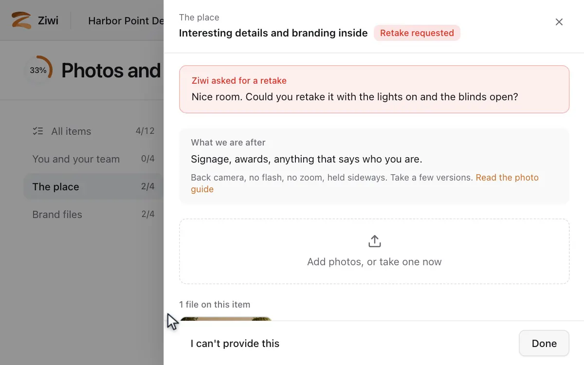 The website build tracker moves from Quality control to Draft ready to review, then on the photo checklist one photo turns Approved and another shows a note asking for a retake.