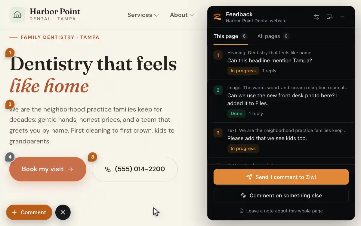 The feedback tool on a sample dental website: the phone button is clicked, the note Can the phone number be bigger here is typed and saved, and pin 8 appears on the button.