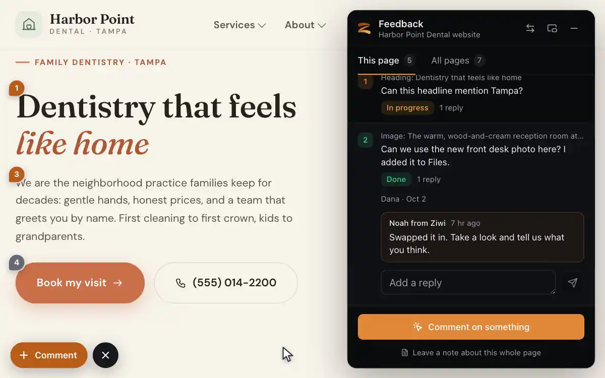 The feedback panel on the website: comment 2 is opened, a reply from Noah from Ziwi appears under it and its status changes from In progress to Done.