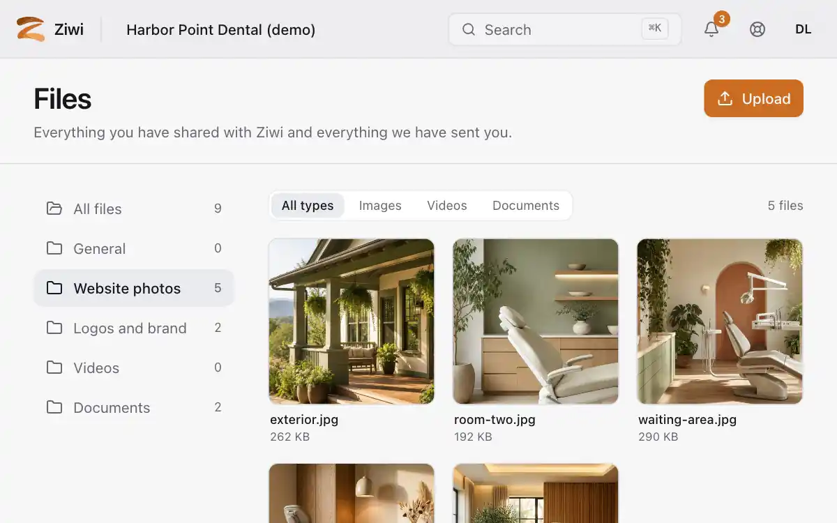 Files in the portal: the Website photos folder gains a new photo, exterior.jpg, and the count goes from 4 to 5.