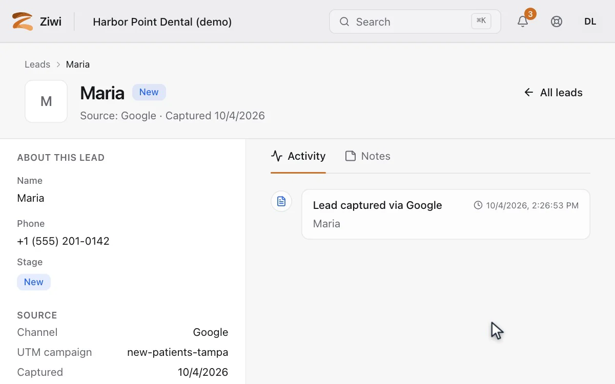 A click on Maria in the Leads list opens her lead page: her phone number, the stage, the source Google, the campaign name and the day and time she came in.
