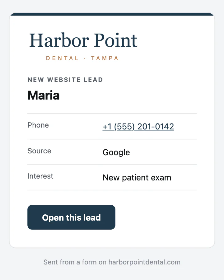 The new-lead email for Maria, sent in the sample practice's own logo and color, with her phone number, the source Google and an Open this lead button.