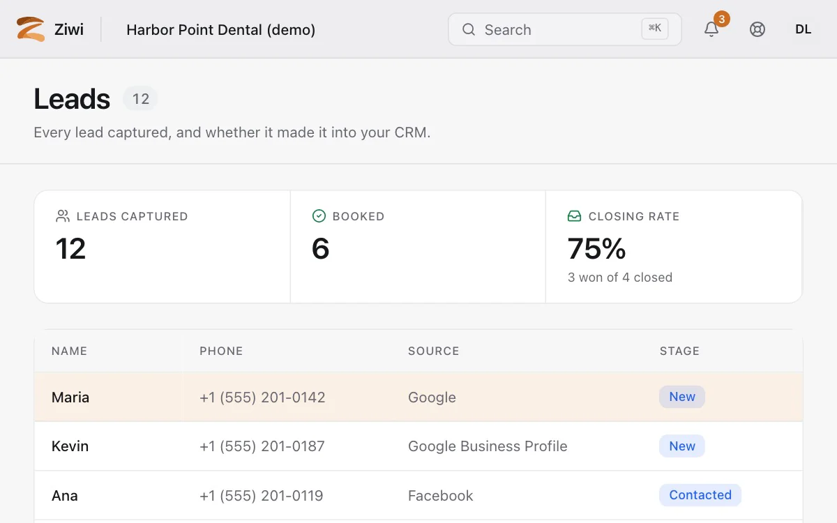The Leads list in the portal: a new lead, Maria from Google, lands at the top with her phone number and the stage New, and the count goes from 11 to 12.