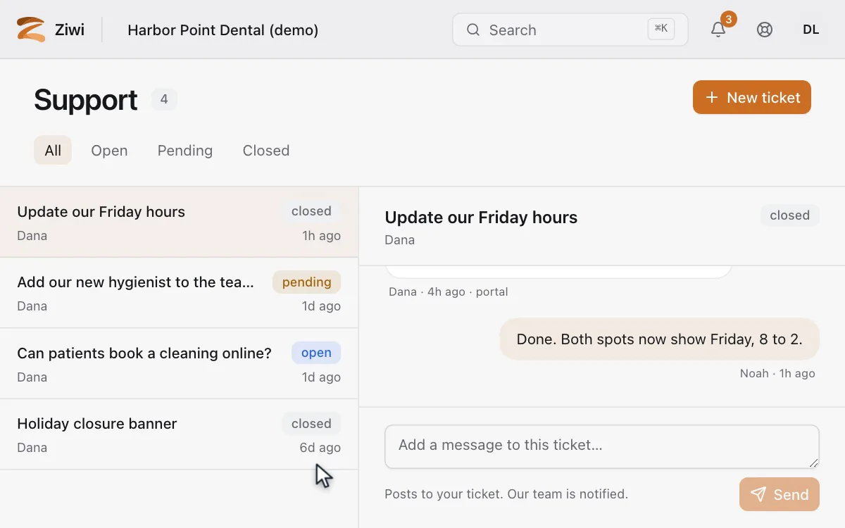 Support in the portal: the ticket Update our Friday hours is opened, the reply from Noah arrives in the thread and the status moves from open to closed.
