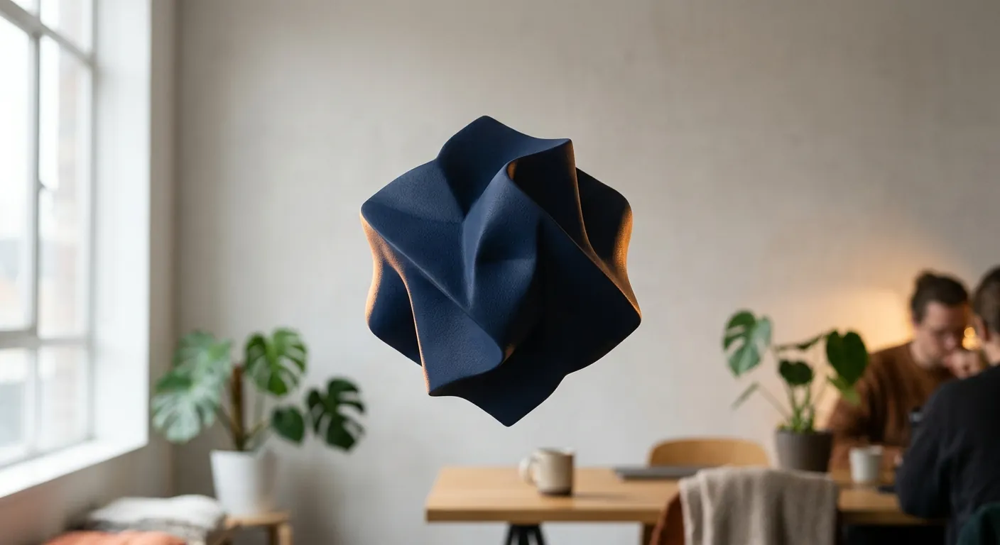 A faceted navy form suspended in warm studio light