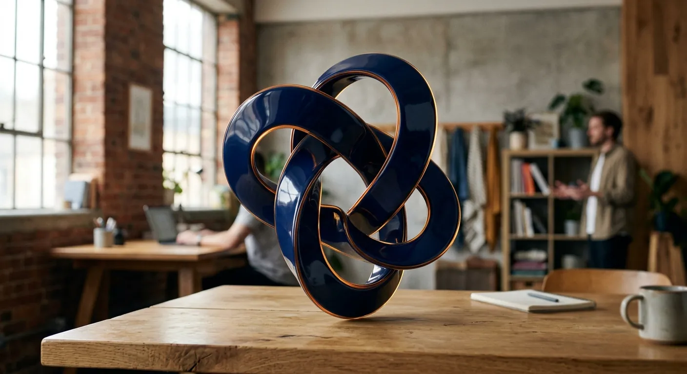 A navy and brass sculptural knot on a studio table, lit from the side
