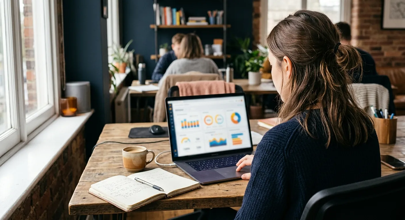 A marketer reviewing campaign dashboards on a laptop at a window desk